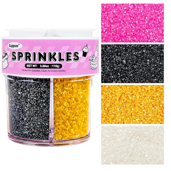 Edible Sprinkles 4 Color Mix, Gold Black White Pink Sugar Crystal Sprinkles for Cake Decorating, Cupcake Toppers, Ice Cream Topping, Cookie Baking Decorations, 110g 3.88oz