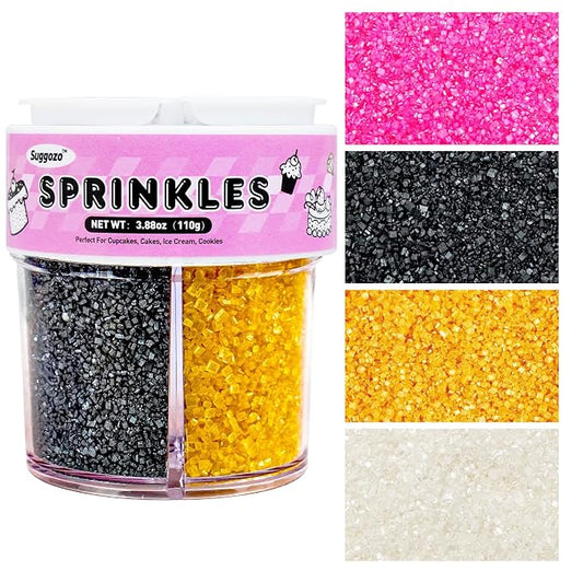 Edible Sprinkles 4 Color Mix, Gold Black White Pink Sugar Crystal Sprinkles for Cake Decorating, Cupcake Toppers, Ice Cream Topping, Cookie Baking Decorations, 110g 3.88oz
