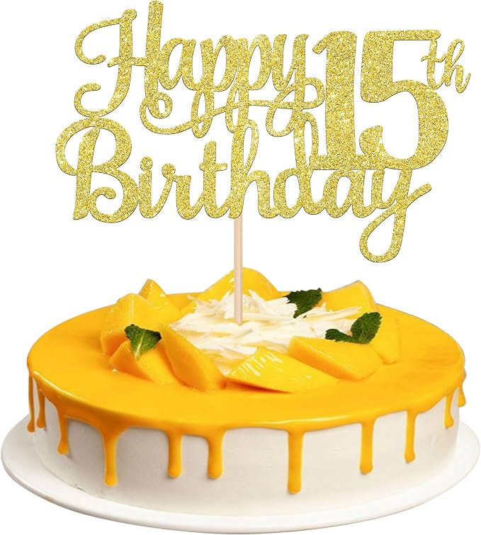 1 PCS Happy 15th Birthday Cake Topper Gold Glitter Cheers to 15 Years Birthday Cake Pick Mis Quince 15 Fabulous Cake Decoration for Happy 15th Birthday Theme Party Decorations Supplies