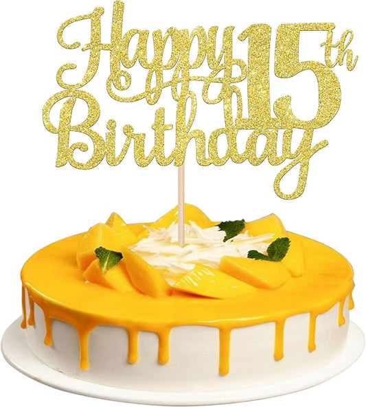 1 PCS Happy 15th Birthday Cake Topper Gold Glitter Cheers to 15 Years Birthday Cake Pick Mis Quince 15 Fabulous Cake Decoration for Happy 15th Birthday Theme Party Decorations Supplies
