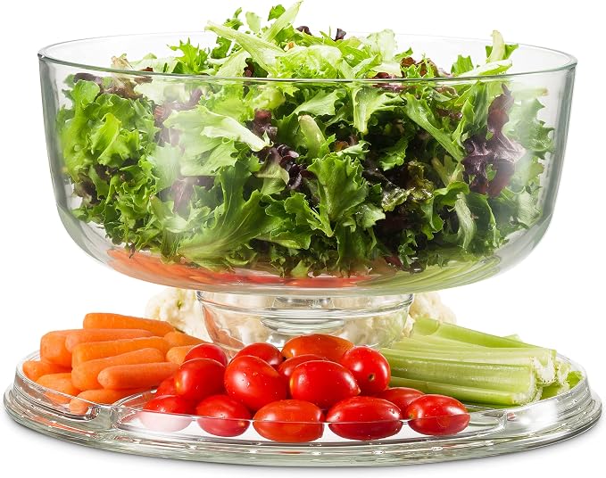 Godinger Cake Stand and Serving Plate Platter with Dome Lid, 6 in 1 Multi-Purpose Use, Crystal Glass Footed Cake Stand, Salad Bowl, Cake Plate, Fruit Platter - Made in Italy