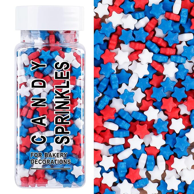 Red White and Blue Sprinkles for Cake Decorating, 4.6oz Patriotic Stars 4th of July Sprinkles Sugar for Ice Cream Cupcakes Dounts Cookie Baking Topping