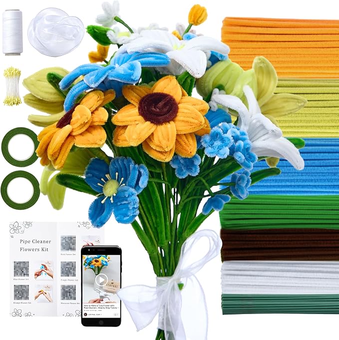LENYNAL 500 Pcs Pastel Pipe Cleaners Bulk Craft, Orange Pipe Cleaner Flower Kit, Glue-Free & Safe for Kids, Step-by-Step Tutorial, 6 Colors Chenille Stems for Flower Making