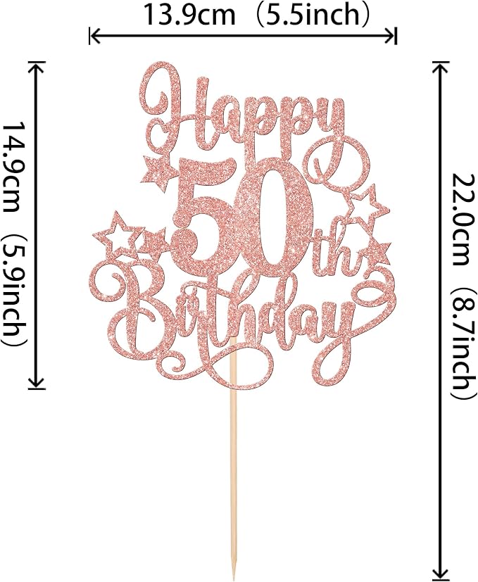1 PCS Happy 50th Birthday Cake Topper Glitter Cheers to 50 Years Birthday Cake Pick Hello 50 Fabulous Cake Decoration for Happy 50th Birthday Anniversary Party Decorations Supplies Rose Gold