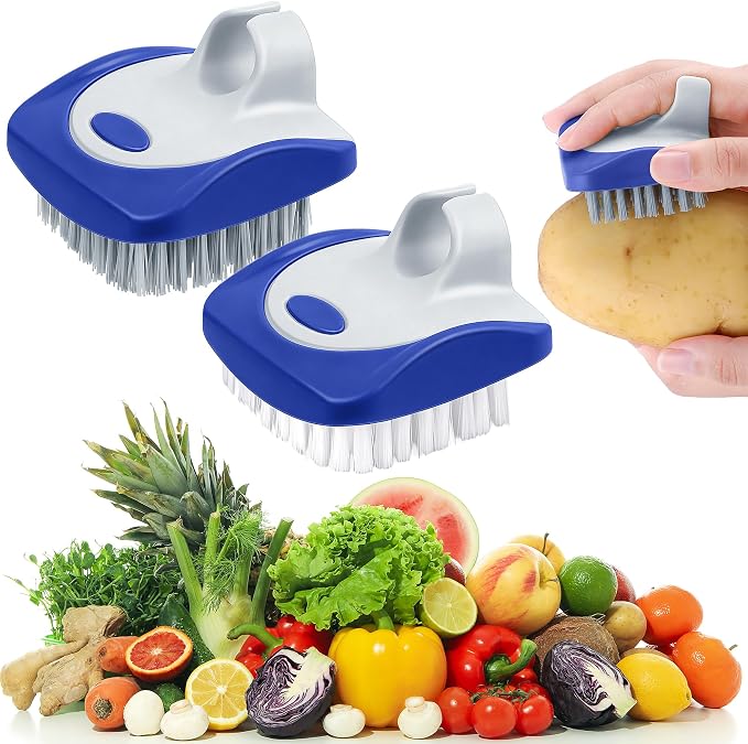 Aodaer 2 Pack Vegetable Brush Potato Scrubber Brush Silicone Hard and Soft Side Fruit Cleaning Tools for Delicate or Tough-Skinned Vegetables, Dark Blue