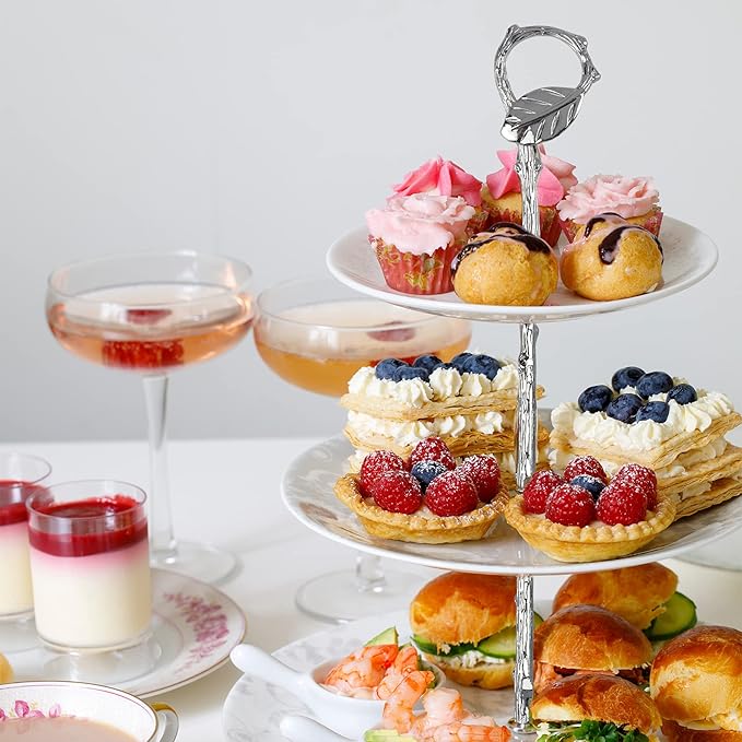 3 Tier 14" Heavy Metal Cake Stand Holder Fruit Plate Stand Fitting Hardware Rod with Stylus (Sliver_Leaves)