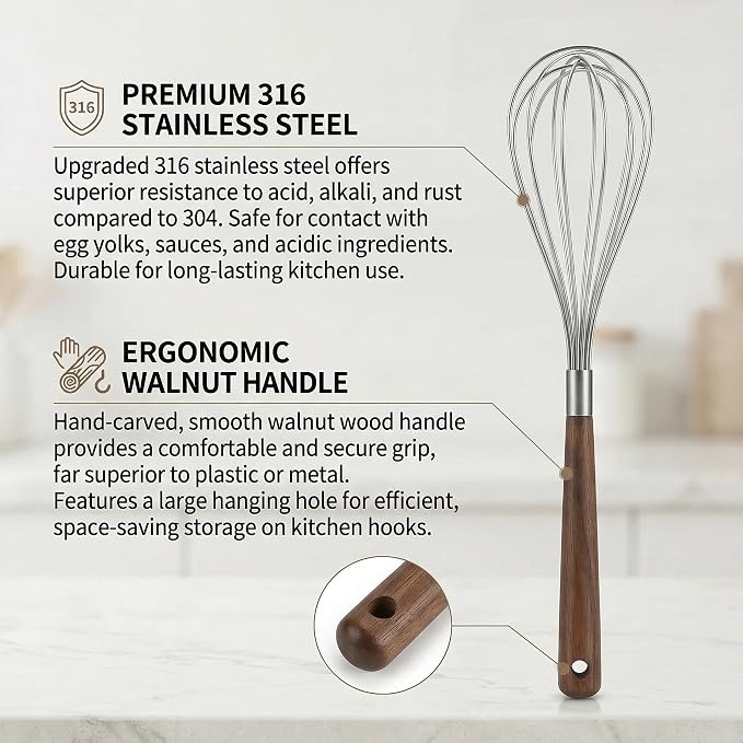 Whisk Set, 2 PCS Stainless Steel Whisk with Walnut Wooden Handle, Kitchen Wire Egg Beater Hand Whisk for Cooking, 11.42" & 10.24"