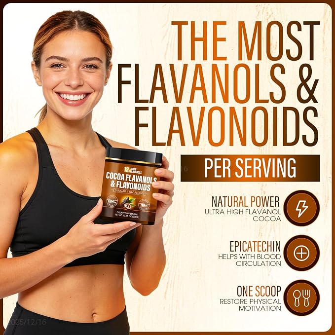 High Flavanol Cocoa Powder – 𝟏𝟓𝟎𝟎𝐦𝐠 Flavanols with 𝟕𝟎𝟎𝐦𝐠 Naturally Occurring Epicatechin, 𝟏𝟐𝐗 𝐌𝐨𝐫𝐞 𝐅𝐥𝐚𝐯𝐚𝐧𝐨𝐥𝐬 𝐓𝐡𝐚𝐧 𝐂𝐨𝐜𝐨𝐚 Antioxidant Support for Circulation, Energy & Daily Wellness, Non-Alkalized Cocoa (1)