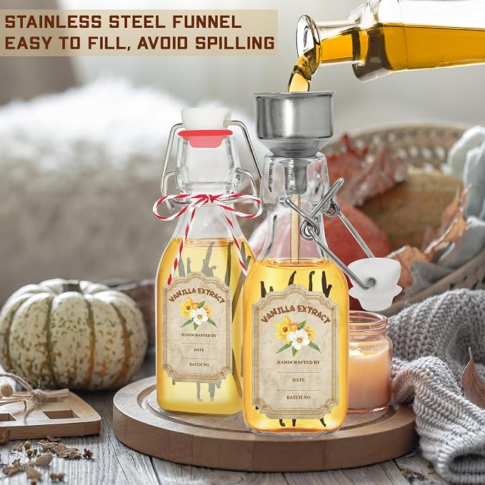 10 Pack Swing Top Glass Vanilla Extract Bottles 4 oz with Lids, Vanilla Labels & Funnel, Boston Square Bottles for Homemade Syrup, DIY Gifts, Flip Top Jars for Extract
