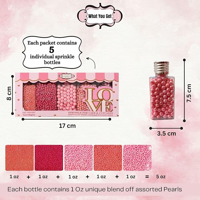 Confect Pretty in Pink Pearl Sprinkles Mix – Pink Sprinkles | Edible Baking Decorations for Cakes, Cupcakes, Cookies – Valentine’s Day & Anniversary Sprinkle Set – Pack of 5 | Vegan, Gluten-Free, Nut-Free, Soy-Free, Dairy-Free , Handcrafted Sprinkle- 5 Oz