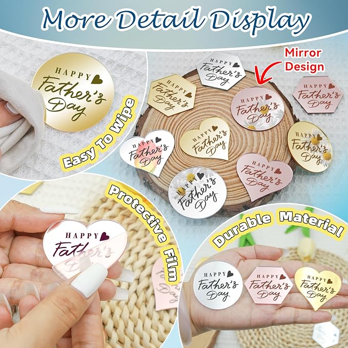 45PCS Happy Father's Day Cake Toppers, Mirror Acrylic Cupcake Toppers 3 Multi-shape & 3 Different Color Custom Cupcake Picks for Birthday Party Anniversary Pastries Decorations