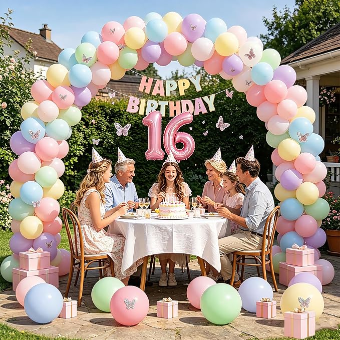 16th Birthday Decorations For Girls- 12 Inch Pastel Balloons, 32 Inch Pink 16 Balloon, 3D Butterflies Stickers, Happy Birthday Banner For Girl Sweet Sixteen Party Decorations