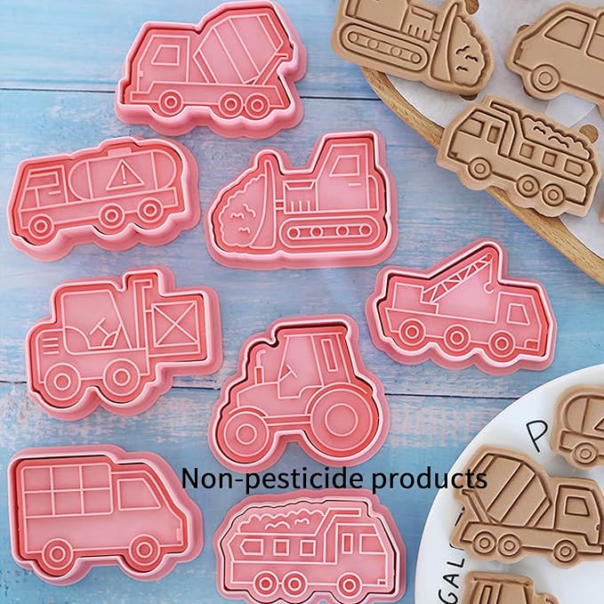 8 Pcs Construction Vehicle Themed Cookie Cutters Set Cute 3D Cartoon Excavators Bulldozers Biscuit Cookie Stamps for Party Cookie Baking Frosting Decoration Fondant Muffins Cheese Mousse