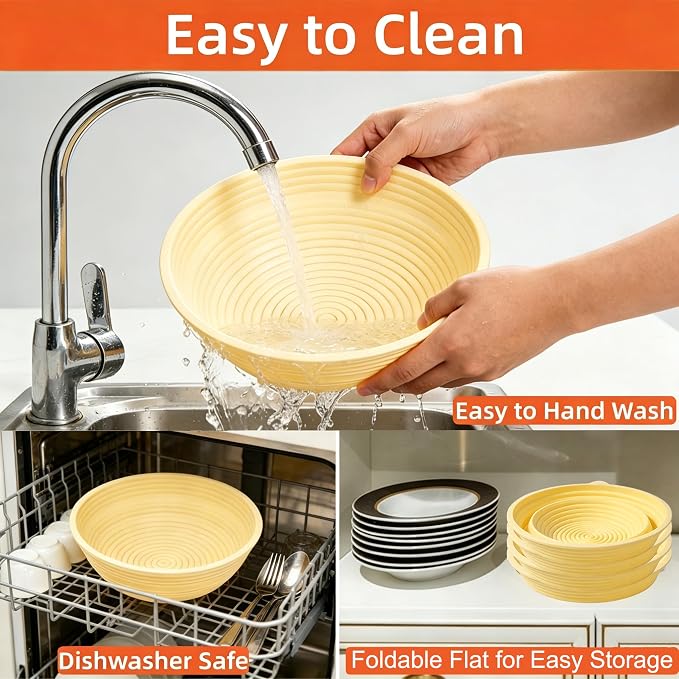 2Pcs Silicone Banneton Bread Proofing Baskets 9" Round Collapsible Sourdough Bread Baking Supplies Non-Stick Dough Proofing Bowl Oven & Dishwasher Safe, BPA Free