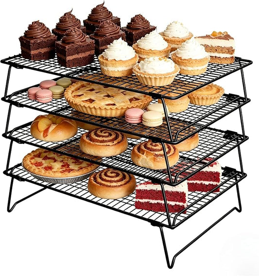 4 Tier Cooling Rack for Baking 16" x 10" Stackable Cookie Cooling Wire Rack for Cookies Pizza Cake Roasting Cooking, Oven and Dishwasher Safe Baking Supplies, Black