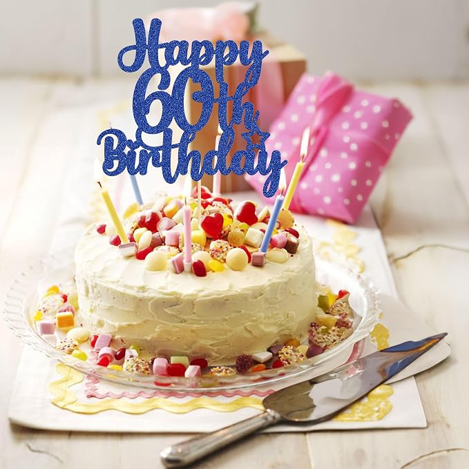 Gyufise 1Pc Happy 60th Birthday Cake Topper Glitter 60 & Cheers to 60 Years Old 60th Birthday Cake Pick for Celebrating 60th Birthday Anniversary Party Cake Decorations Supplies Blue
