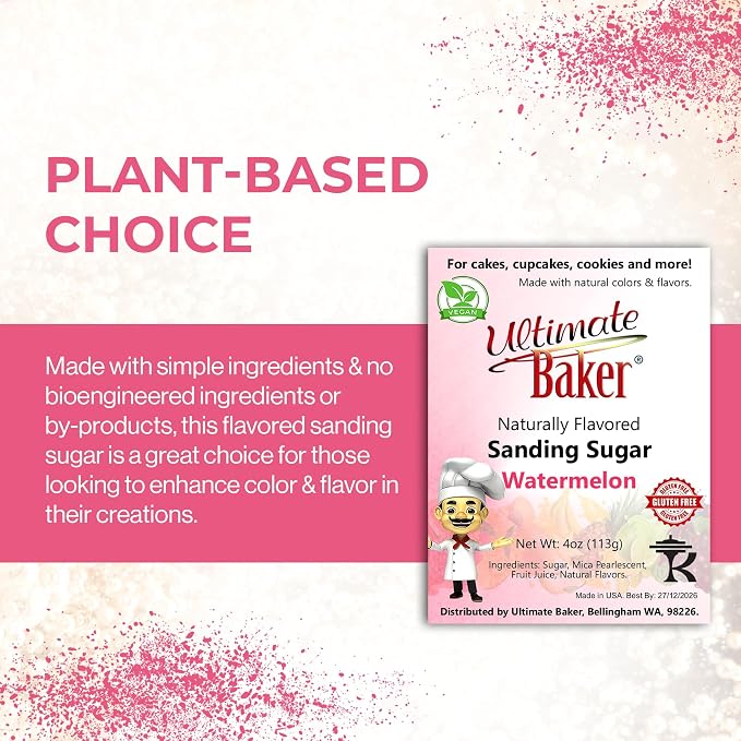 Ultimate Baker Flavored Sanding Sugar (1x4oz) - Burst of Flavor & Color for Cakes, Cookies & More, All-Natural, Perfect for Baking & Decorating or as a Flavored Coffee Sugar (Watermelon)