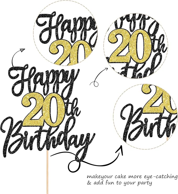 1 PCS Happy 20th Birthday Cake Topper Black Gold Glitter Cheers to 20 Years Birthday Cake Pick 20 Fabulous Cake Decoration for Happy 20th Birthday Anniversary Party Decorations Supplies