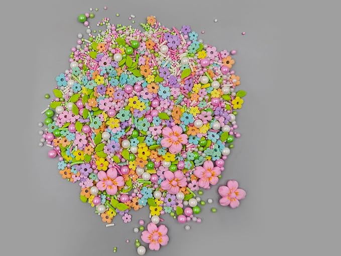 6 Large Pink Edible Flowers Mixed with Colorful Mini Flowers Sprinkles, White Green Pink Sugar Pearls Leaf and Jimmies for Cake Decorating Cupcake Toppers Cookie Dessert Decorations, 4.6 oz