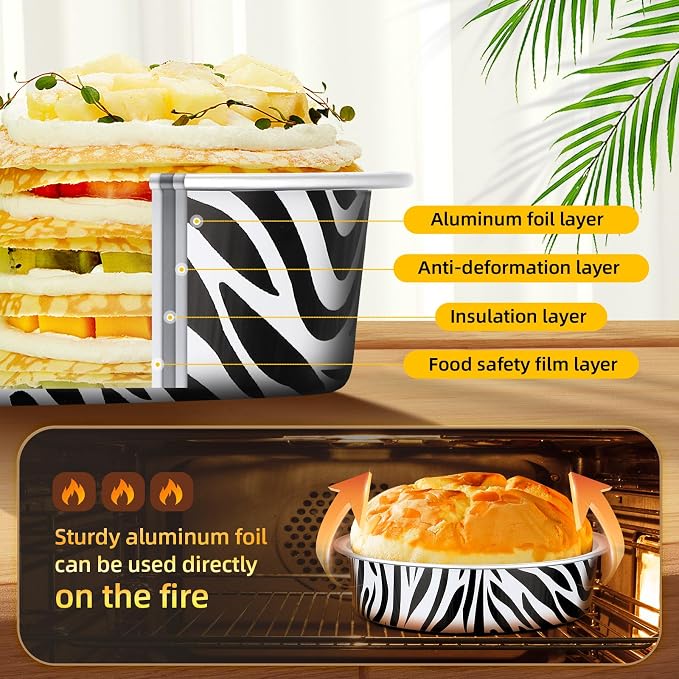 Beasea Disposable Ramekins with Lids, 120 Pack 7.3oz Mini Pie Tins Small Aluminum Foil Pie Tart Cake Baking Pans Individual Round Creme Brulee Containers for Party - Zebra Stripes
