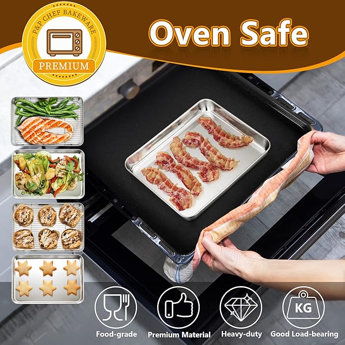 P&P CHEF 10.4 Inch Toaster Oven Pans with Racks, 4 Pieces Stainless Steel Oven Tray Baking Pan Sheet and Cooling Rack for Oven Cooking Roasting, Non Toxic & Dishwasher Safe