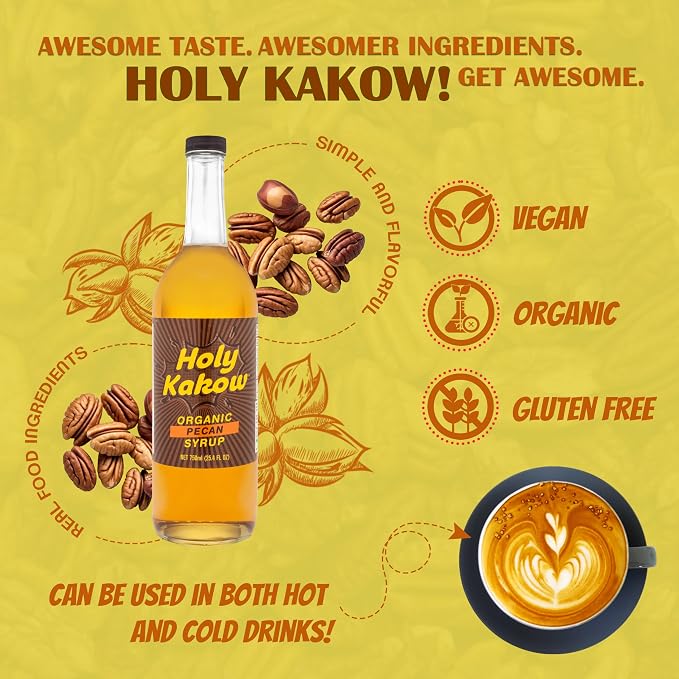 Holy Kakow Cafe Organic Pecan Syrup - Pecan Syrup, Coffee Syrup, Organic Syrup For Coffee, Syrup For Coffee, Add To Latte, Cocktail And Shake, Real Food Ingredients, Specific Flavor - 750Ml