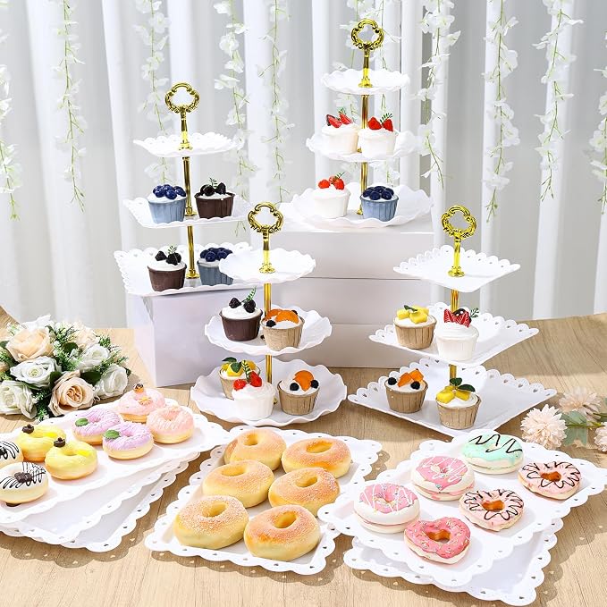 Dessert Table Display Set,10Pcs Cake Stand,4 Pcs 3 Tiered Cupcake Stands and 6 Pcs Dessert Trays Serving Trays for Party Baby Shower Wedding Tea Party Decorations