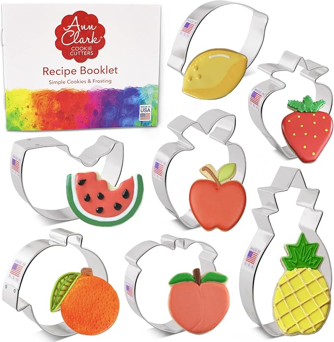 Ann Clark Cookie Cutters Fruit Cookie Cutter 7 Piece Set with Premium Food Coloring Gel 12 Pack, Non-GMO Made in the USA