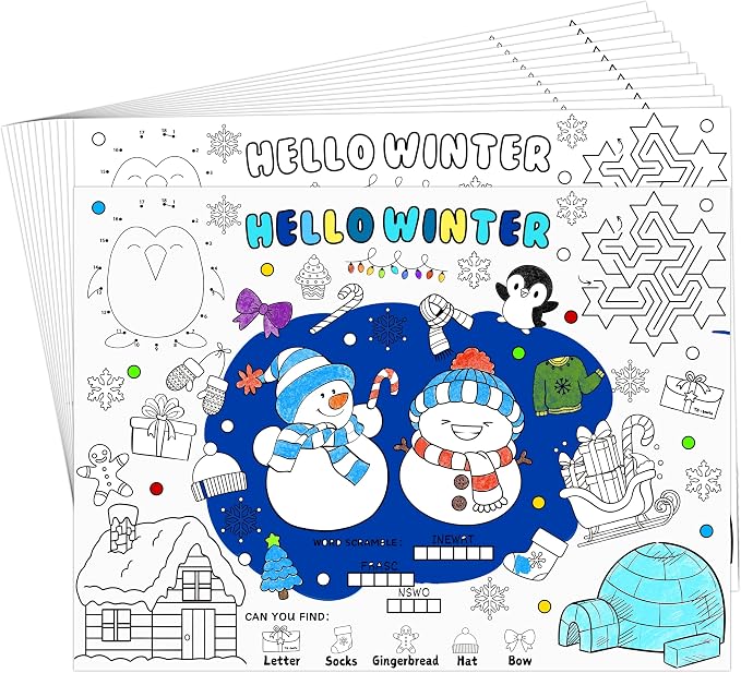 45pcs Winter Coloring Placemats for Kids Disposable Coloring Poster Hello Winter Gifts School Classroom Activities Chirstmas Paper Table Mats