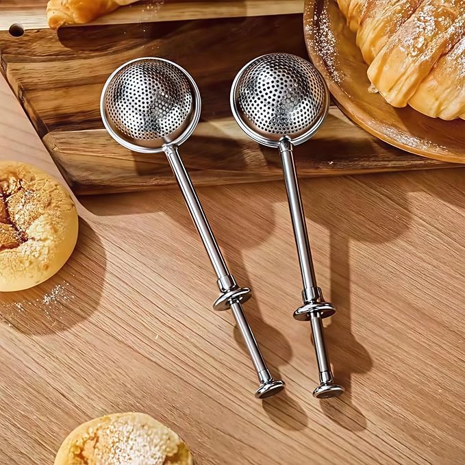 2Pcs Flour Sifter for Baking, One-hand Operation Sugar Shaker Stainless Steel | Long Handle Flour Sifter with Tray, Sourdough Bread Baking Supplies, Fine Mesh Holes, For Stirring, Gift Package