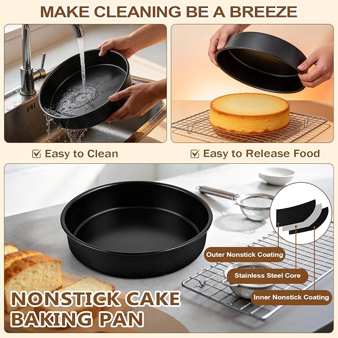 P&P CHEF 9 Inch Cake Pan, Nonstick Round Cake Baking Pans, Stainless Steel Smash Layer Cake Tin Bakeware for Cooking Steaming, Healthy & Sturdy, Oven & Dishwasher Safe