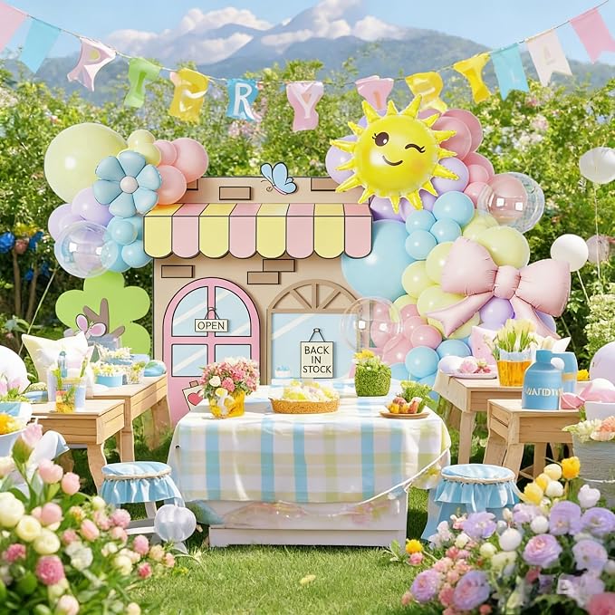 Macaron Pastel Rainbow Balloon Arch Kit,136Pcs Blue Dog Balloon Decor with Rainbow Sun Foil Balloons for Gender Neutral Baby Shower Birthday Kindergarten Classroom Fairy Tale Party Decor