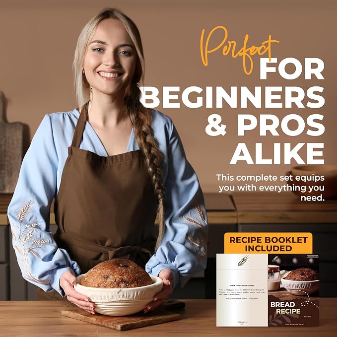 BAKERIA 9" Round Banneton Bread Proofing Basket Set with Starter Jar, Linen Liner, Bread Lame, Dough & Bench Scraper, Bread Whisk – Complete Artisan Sourdough Baking Kit