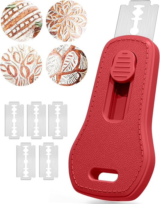 24SHEN Bread Lame, Sourdough Scoring Tool with Extractable & Magnetic, Sour Dough Tools Sourdough Cutter for Homemade Bread Making, Scoring Knife Include 5 Razor Blades-Red