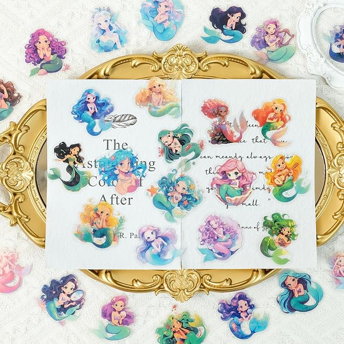 50 pcs Watercolor Cute Mermaid Clear PET Stickers, Fantasy Ocean Princess Transparent Die-Cut Decals, Waterproof Aesthetic Stickers for Girls Journal Scrapbook Planner DIY Party Craft Decor