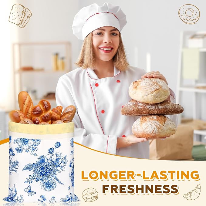 2 Pcs XL Beeswax Bread Bags for Sourdough Reusable 13” x 17” Large Bread Bags with Improved Beeswax Coating Food Wraps for Mother's Day Homemade Loaf Fresh Freezer(Blue Flowers)