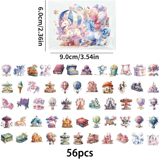 50 pcs Watercolor Carnival Fairytale Amusement Park Clear PET Stickers, Hot Air Balloon Carousel Unicorn Castle Transparent Die-Cut Decals for Journal Scrapbook Planner Kids Party DIY Craft Decor