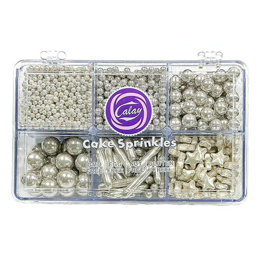 Homipooty Edible Silver Pearl Sugar Sprinkles 130g/4.58oz Silver Pearl Star Sprinkles For Cake Decorations Wedding，Cookies，Ice Cream, Cupcake Toppers, Halloween Christmas Supplies