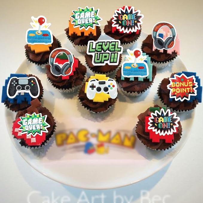 56 PCS Edible Video Game Cupcake Toppers Wafer Paper Game On Controllers Cupcake Picks Edible GamePad Cake Decorations for Game Theme Baby Shower Kids Boys Gamer Birthday Anniversary Party Supplies