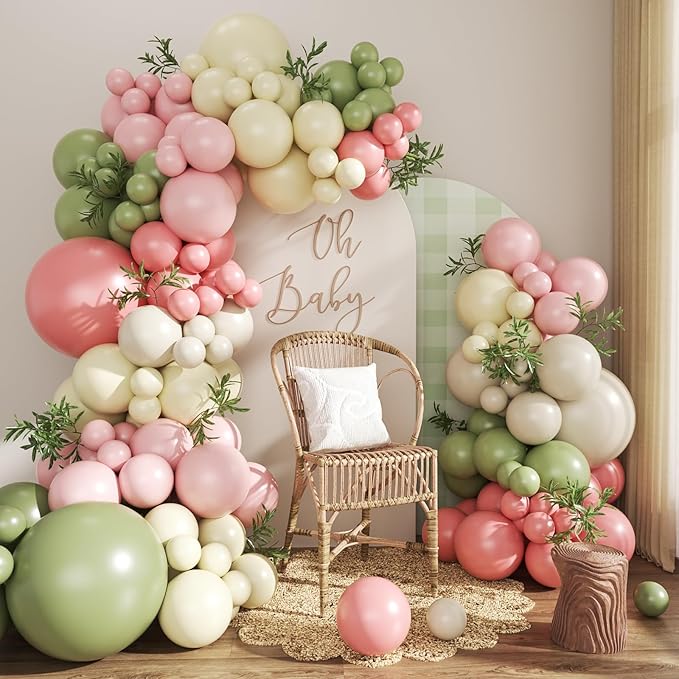 Sage Green Pink Yellow Pastel Balloon Arch Kit, 124Pcs Dusty Blush Macaron Yellow Sand White Pink and Green Balloons for Wildflower Baby Shower Wedding Bridal Birthday Gender Reveal Party Decorations