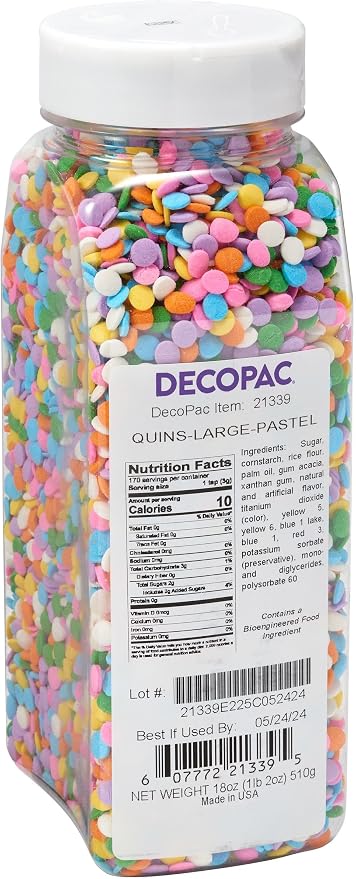 DECOPAC Quins Fancy Sprinkles, 19.5oz, Candy Sprinkles in Handheld Container, Edible Sprinkles For Celebration Cakes, Cupcakes, Cookies - Large Pastel Quins