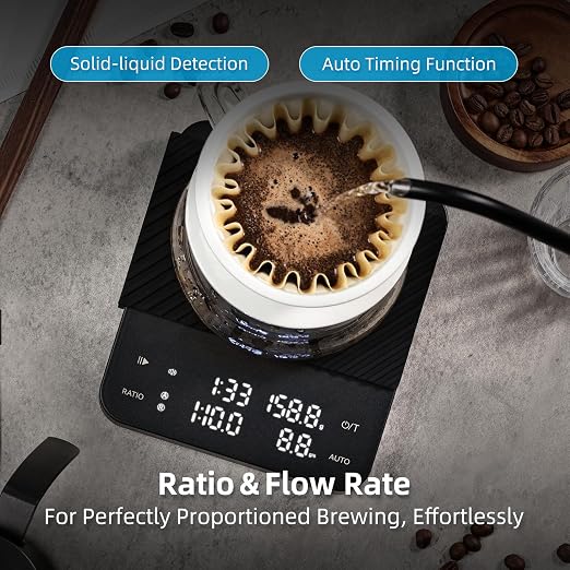 Coffee Scale with Timer, Rechargeable Digital Scale, Ratios & Flow Rate Display, 2kg/0.1g Accurate Scale，Barista-Grade for Pour-Over, Espresso, French Press, Black