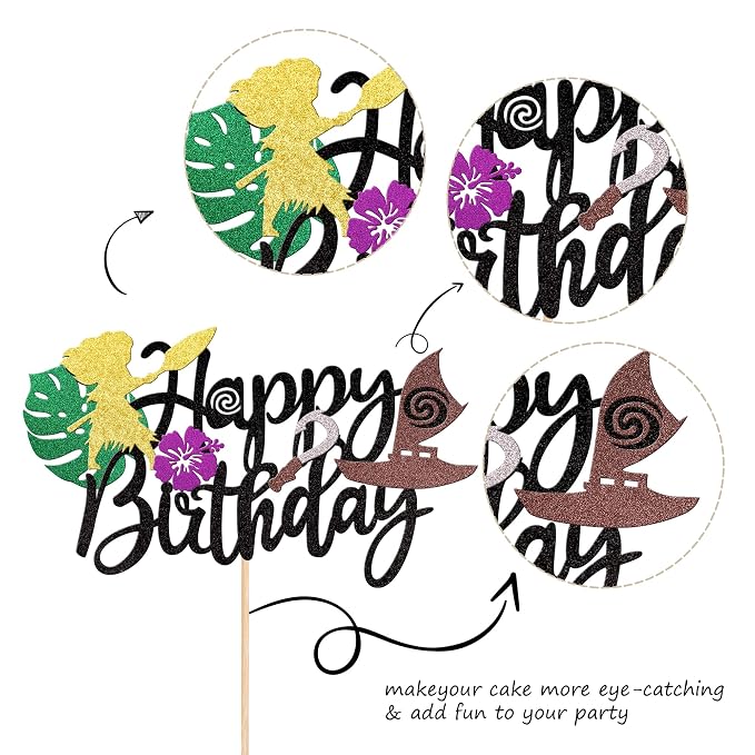 1 PCS Moana Inspired Cake Topper Black Glitter Palm Leaf Flower Happy Birthday Cake Pick Decoration for Tropical Hawaiian Luau Theme Baby Shower Kids Birthday Party Cake Decorations Supplies