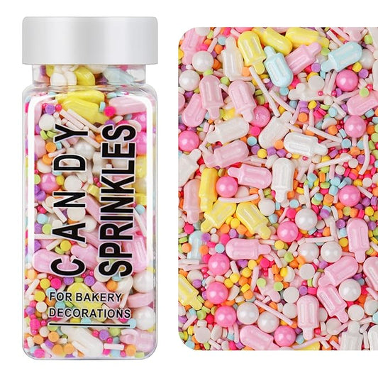 Rainbow Summer Sprinkles for Cake Decorating, Pastel Ice Cream Sprinkles Mix with Pearls Confetti Jimmies for Cake Ice Cream Cupcakes Baking Donut Topping