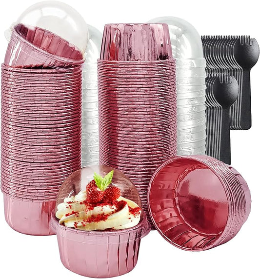 Foil Cupcake Liners Baking Cups With Lids 100 Pack,LNYZQUS 5.5 Oz Large Cupcake Tins Muffin Cups,Disposable Ramekins With Lids,Cupcake Wrappers Holders For Wedding Bakery,with Spoons-Rose Gold