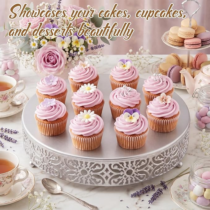 Wenqik 14 Inch Cake Stand Round Metal Cupcake Dessert Wedding Cake Stand Cookies Display Holder Fruit Food Serving Tray for Table Wedding Birthday Anniversary Party Decor (Silver)