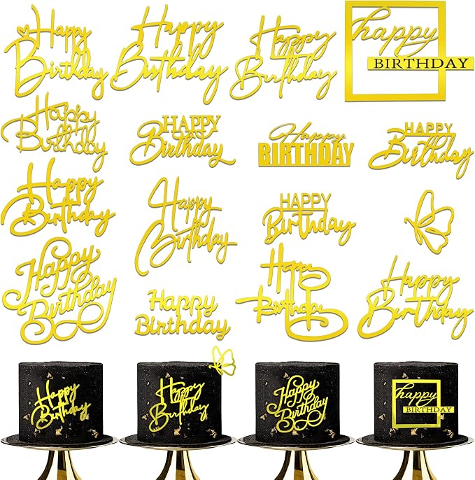 15Piece Gold Happy Birthday Cake Toppers Acrylic Mirror Inserts for Cakes Cupcakes Desserts 15 Styles (15pcs gold)