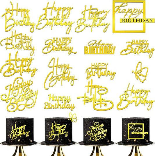 15Piece Gold Happy Birthday Cake Toppers Acrylic Mirror Inserts for Cakes Cupcakes Desserts 15 Styles (15pcs gold)