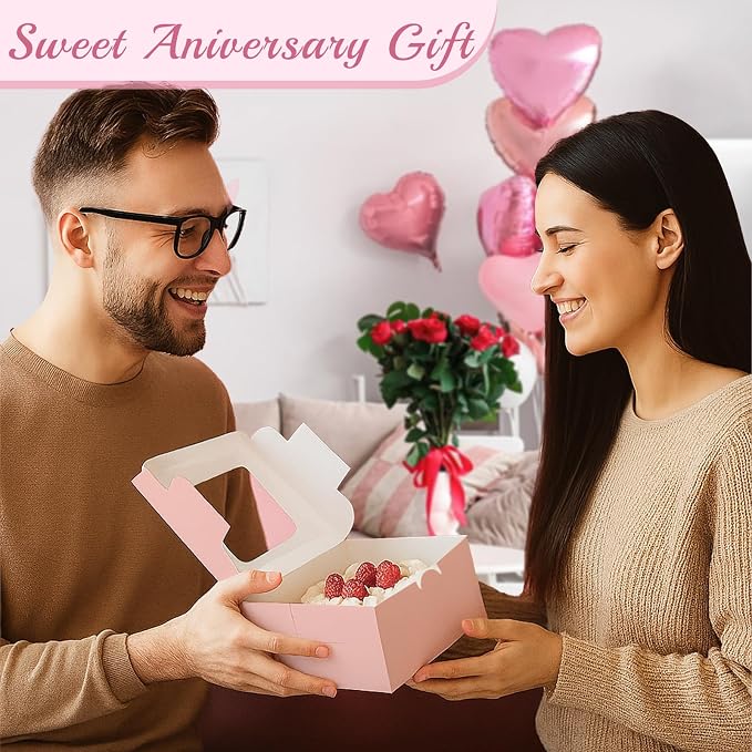 OAMCEG 80 Pack Cupcake Boxes with Window, 6x6x3 Inches Cookie Boxes, Bakery Treat Boxes for Pastry, Desserts, Chocolate Strawberries, Cupcake Containers, Gift Giving with Stickers & Twine （Pink）