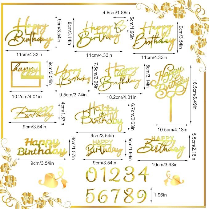 Jspupifip 22 PCS Gold Birthday Cake Topper Set,Acrylic Mirror Cake Numbers 0-9 Cupcake Topper Personalized Cake Picks (Gold)